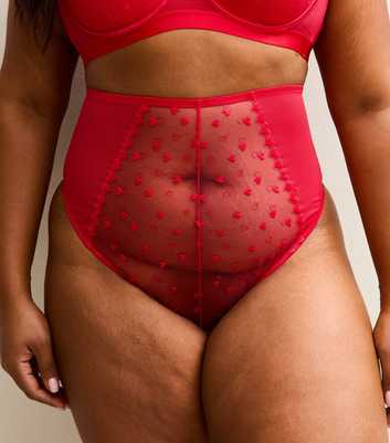 Curves Red Heart Embroidered High Waisted Thong