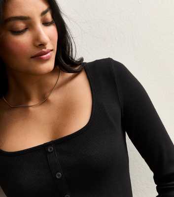 Black Square Neck Button Detail Long Sleeve Top