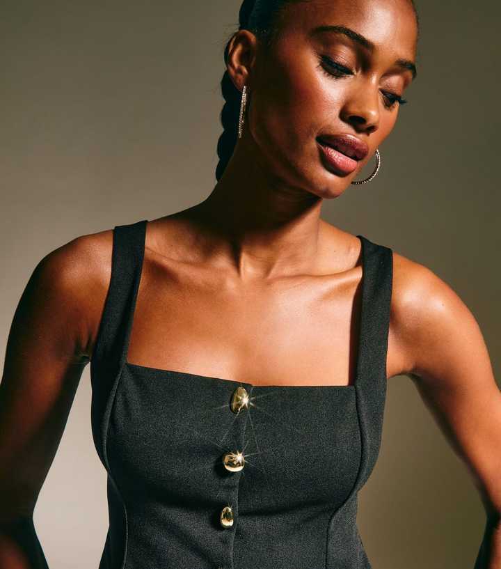 Black Square Neck Button Up Top