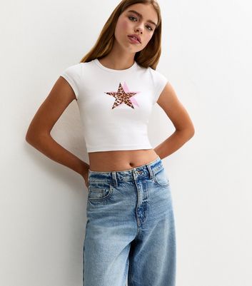 Girls White Cap Sleeve Leopard Star Print T-Shirt