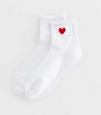 White Heart Embroidered Frill Ankle Socks