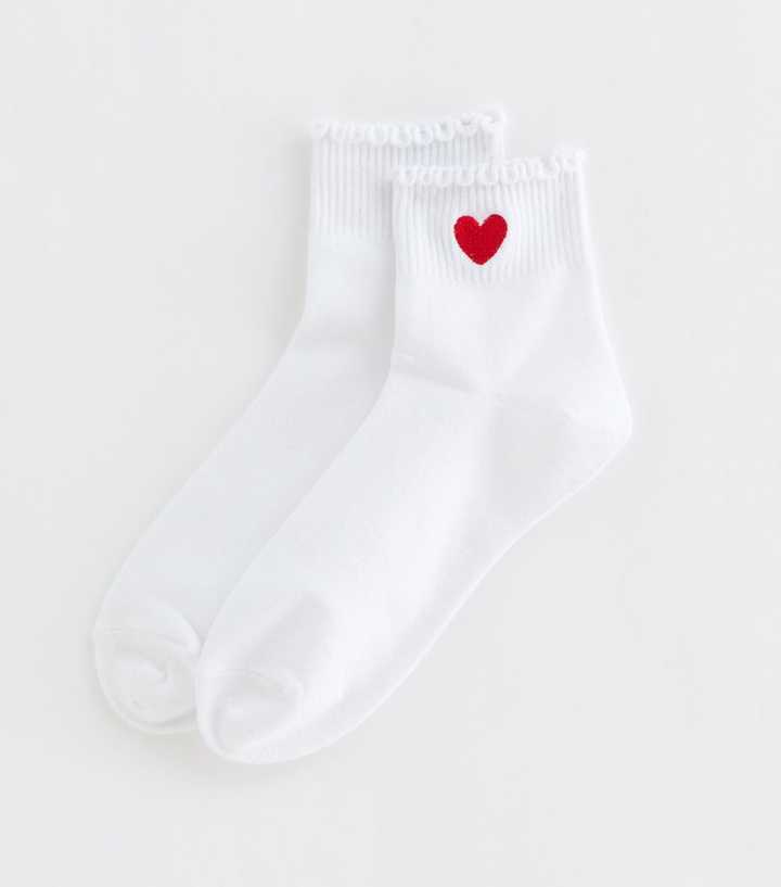 White Heart Embroidered Frill Ankle Socks