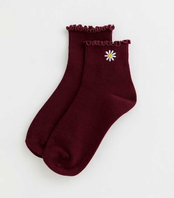 Burgundy Embroidered Daisy Frill Ankle Socks
