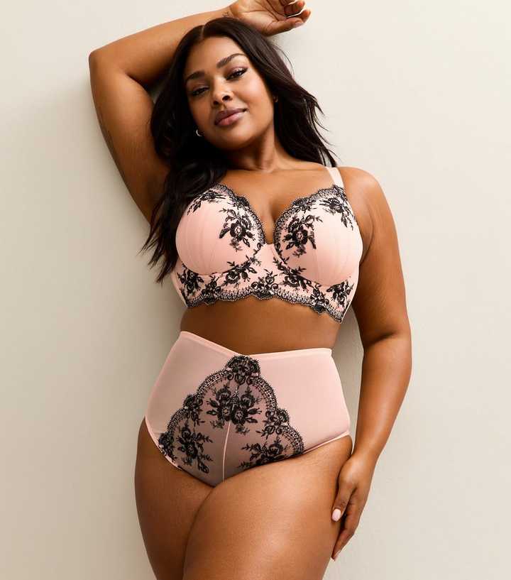 Curves Light Pink Eyelash Embroidered High Waist Briefs