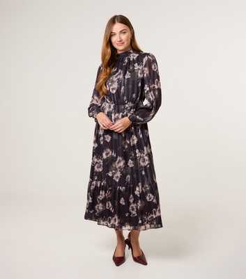 Blue Vanilla Black Floral Chiffon Long Sleeve Midi Dress