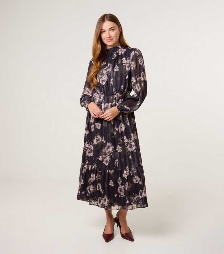 Blue Vanilla Black Floral Chiffon Long Sleeve Midi Dress