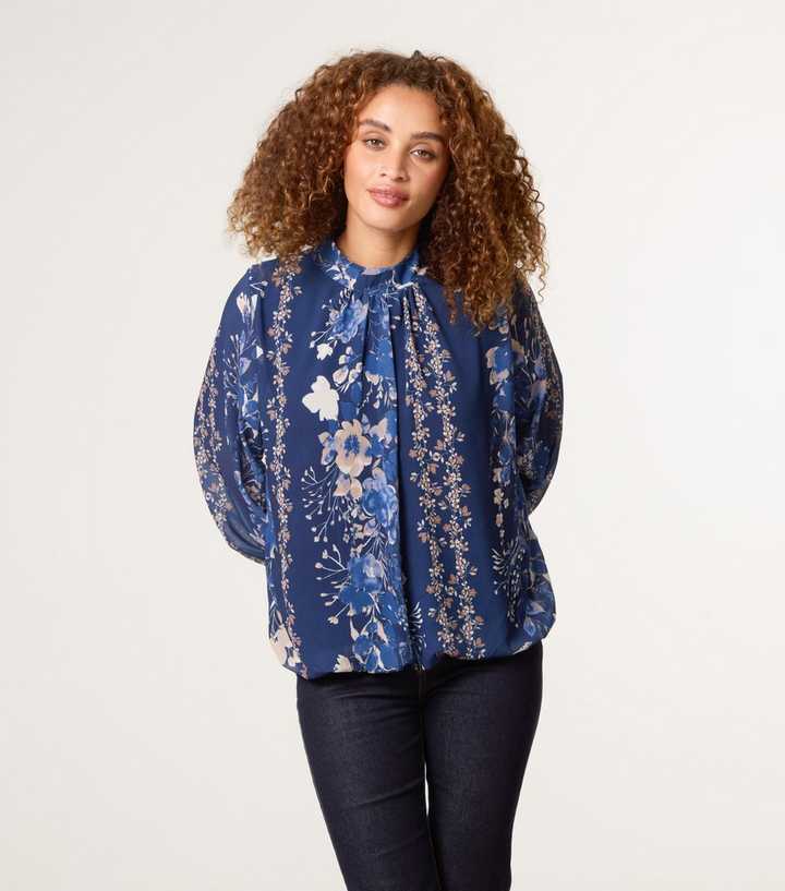 Blue Vanilla Navy Floral Print High Neck Top