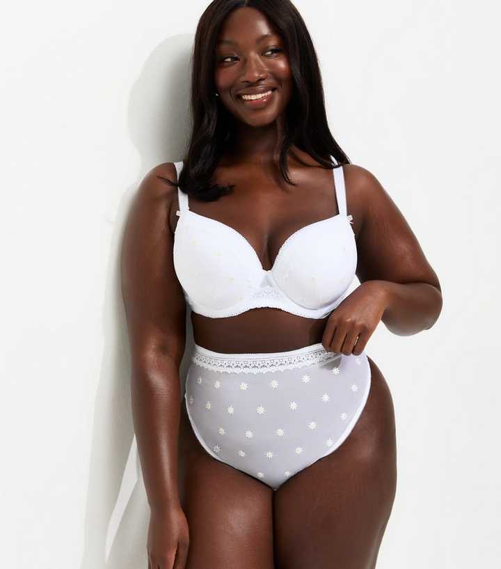 Curves White Semi-Sheer Daisy Embroidered High Waist Thong