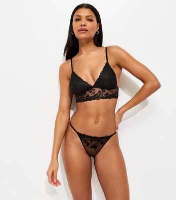 Black Embroidered Floral Mesh Thong