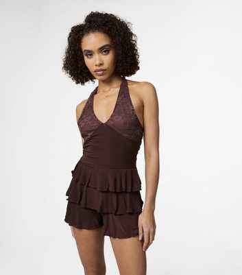 Pink Vanilla Dark Brown Lace Ruffle Playsuit