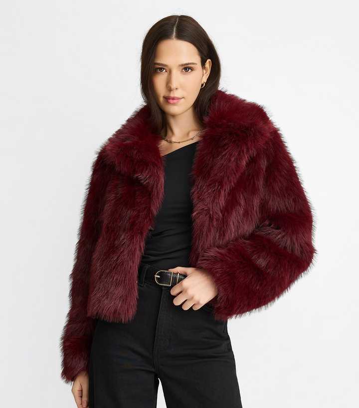 Gini London Dark Burgundy Faux Fur Cropped Jacket