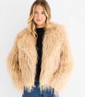 Gini London Oatmeal Fringed Faux Fur Jacket