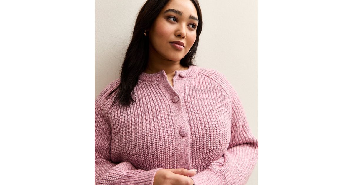 Curves Pink Ribbed Knit Raglan Sleeve Cardigan | New Look
