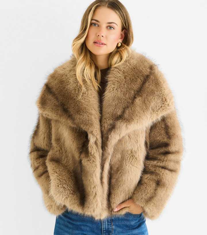 Gini London Camel Oversized Lapel Faux Fur Jacket