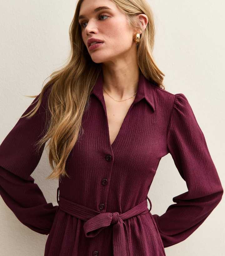 Burgundy Crinkled Shirt Dress | New Look Burgundy Crinkled Shirt Dress | New Look