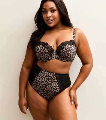 Curves Black Leopard Print Embroidered Trim Briefs