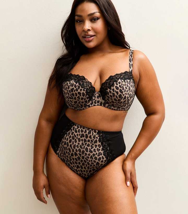 Curves Black Leopard Print Embroidered Trim Briefs