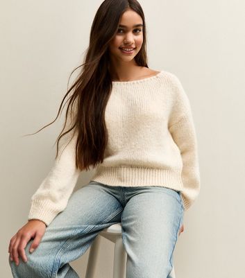 Girls Cream Slash Neck Jumper