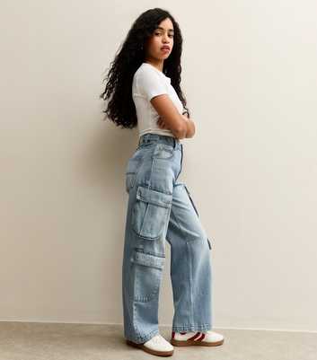 Girls Mid Blue Cargo Pocket Wide Leg Jeans