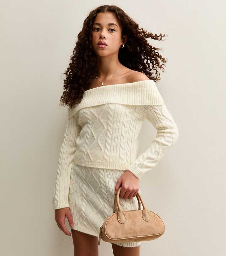 Girls Cream Cable Knit Off Shoulder Jumper