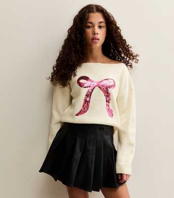 Girls Cream Sequin Bow Jumper