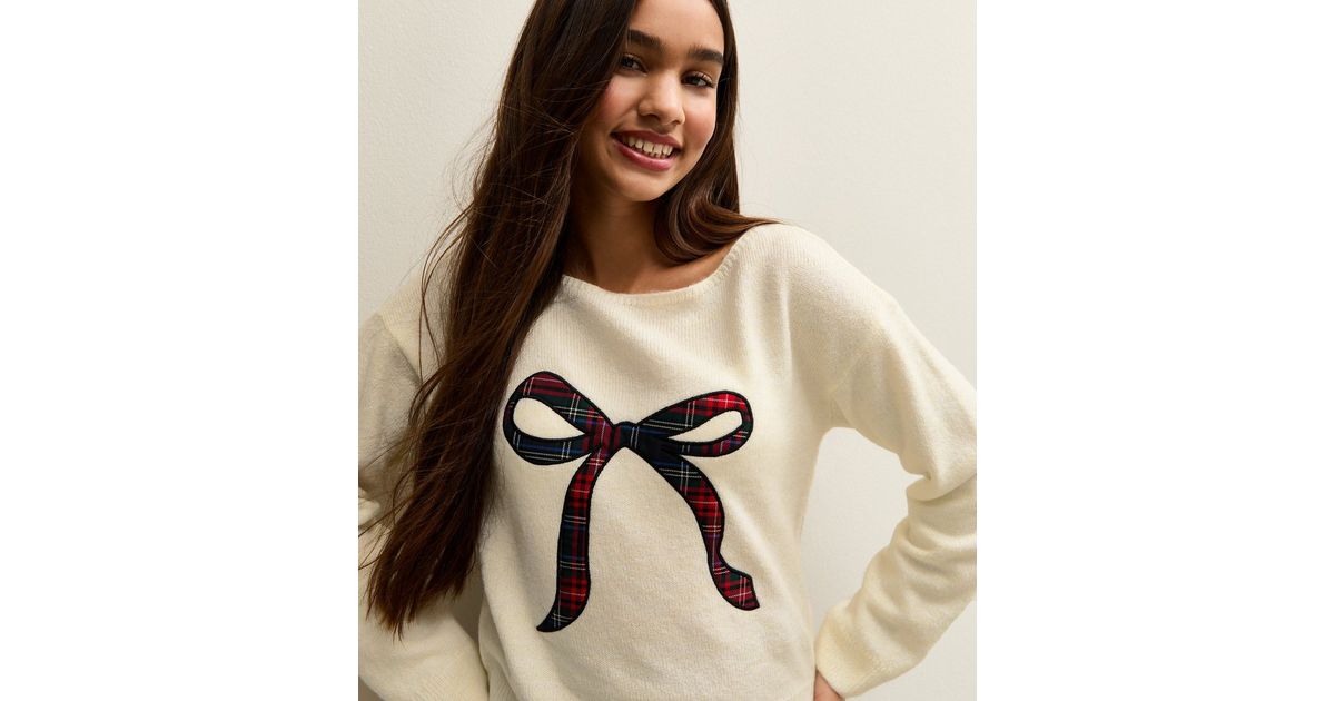 Girls Cream Tartan Bow Knitted Jumper New Look