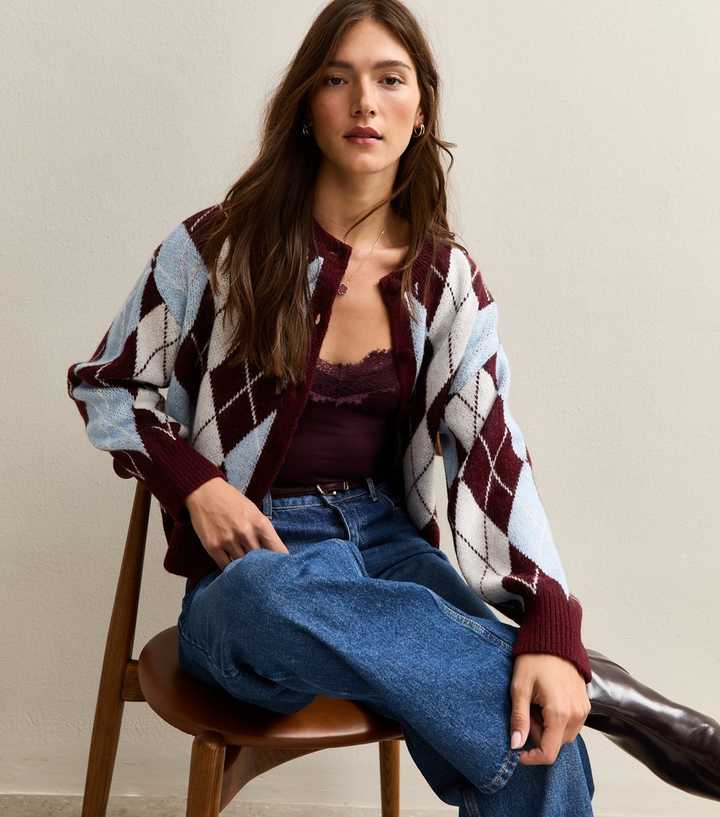 Blue Argyle Knit Crew Neck Cardigan