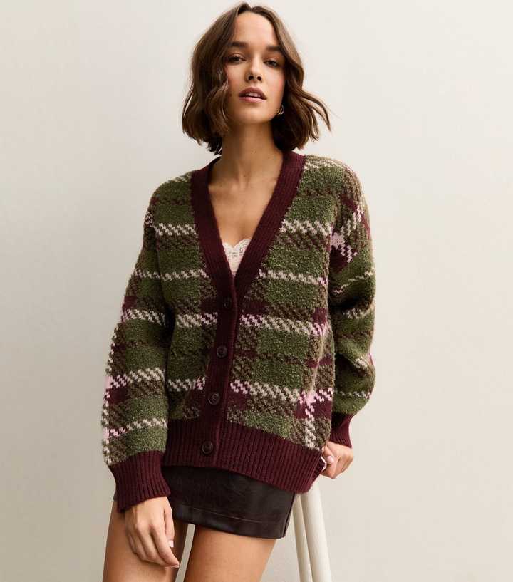 Green Check Pattern Knitted Boyfriend Cardigan
