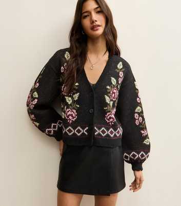 Black Floral Jacquard V-Neck Cardigan