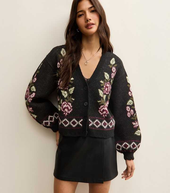 Black Floral Jacquard V-Neck Cardigan