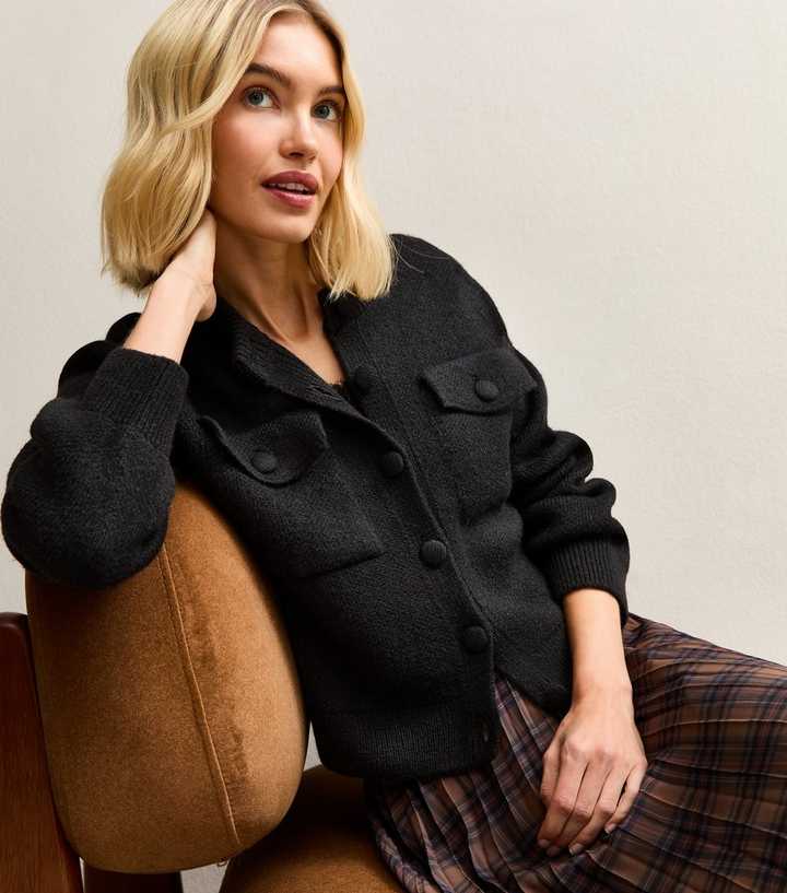 Black Flap Pocket Knitted Bomber Jacket