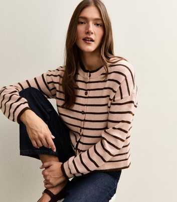 Pink Striped Crew Neck Cardigan