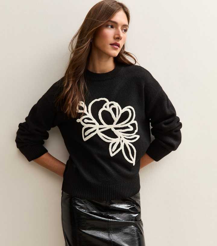 Black Contrast Floral Embroidered Jumper