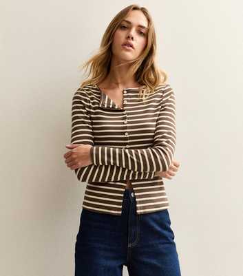 Brown Striped Crew Neck Cardigan