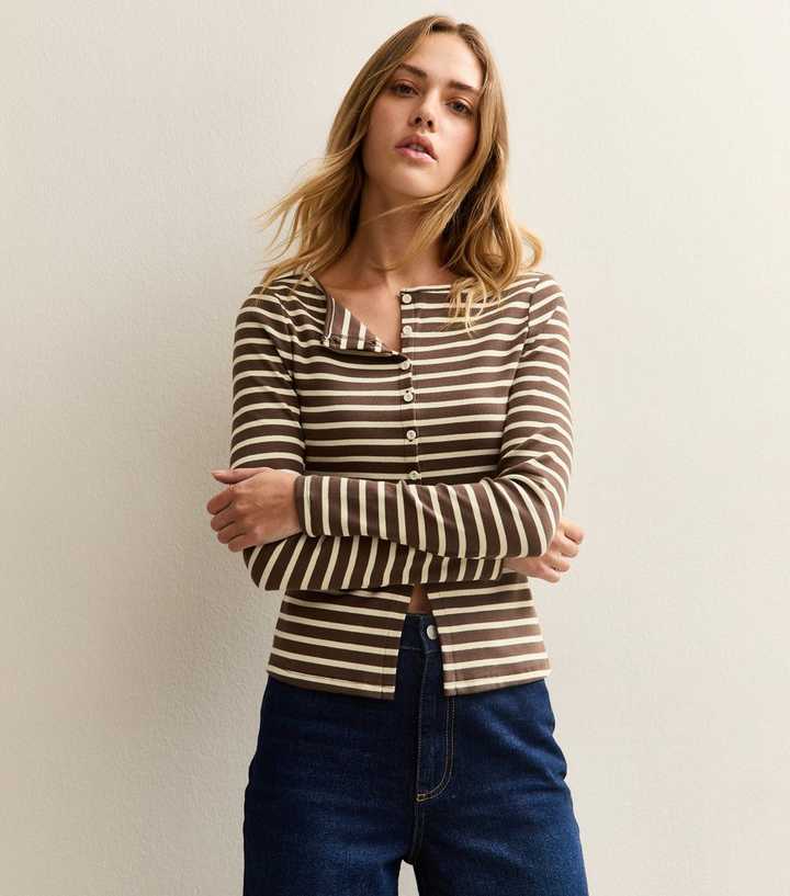 Brown Striped Crew Neck Cardigan