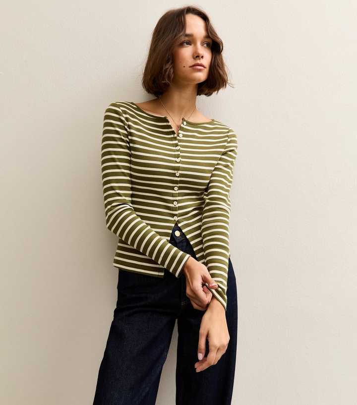 Green Striped Crew Neck Cardigan