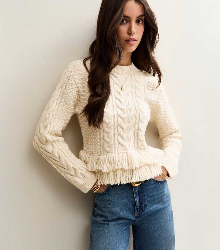 Cream Cable Knit Fringe Hem Jumper