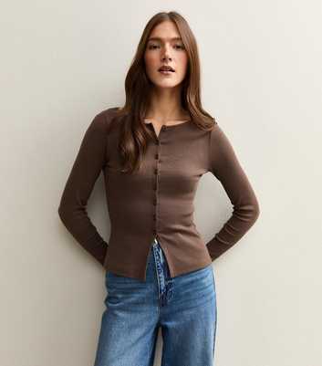 Dark Brown Rib Button Up Long Sleeve Top