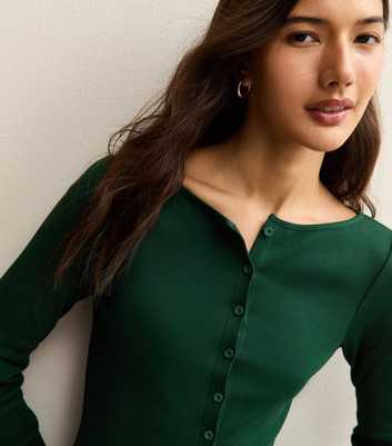 Dark Green Rib Button Up Long Sleeve Top