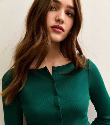 Dark Green Rib Button Up Long Sleeve Top