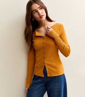 Dark Yellow Rib Button Up Long Sleeve Top | New Look