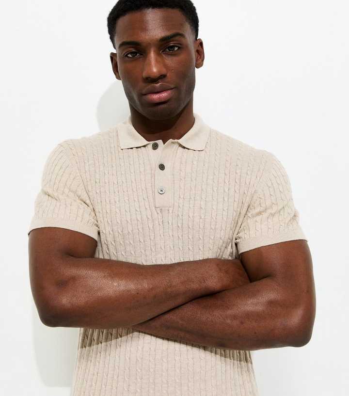 Jack & Jones Oatmeal Regular Cable Knit Polo Shirt