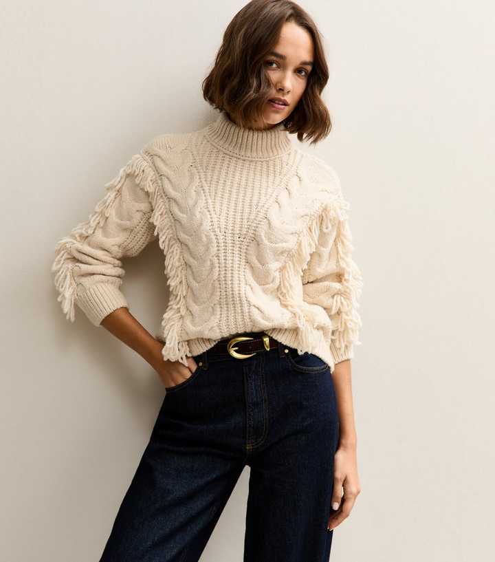 Cream Cable Knit Looped Fringe Jumper