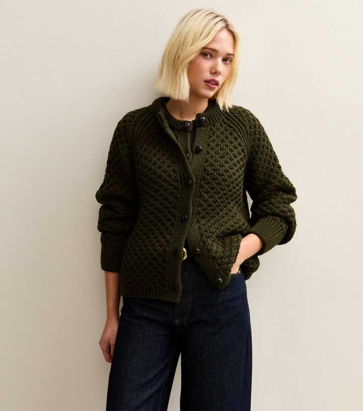 Dark Khaki Chunky Crew Neck Cardigan
