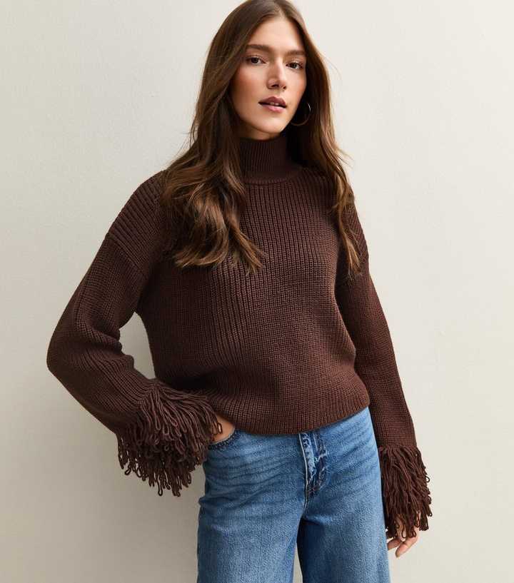 Dark Brown Looped Fringe Cuff Jumper