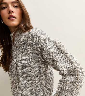 Grey Fringe Trim High Neck Jumper