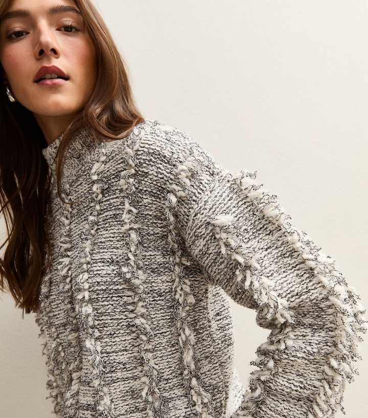 Grey Fringe Trim High Neck Jumper