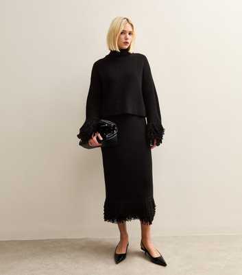 Black Knit Looped Fringe Midi Skirt