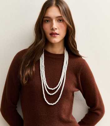 Cream 3 Strand Long Faux Pearl Necklace