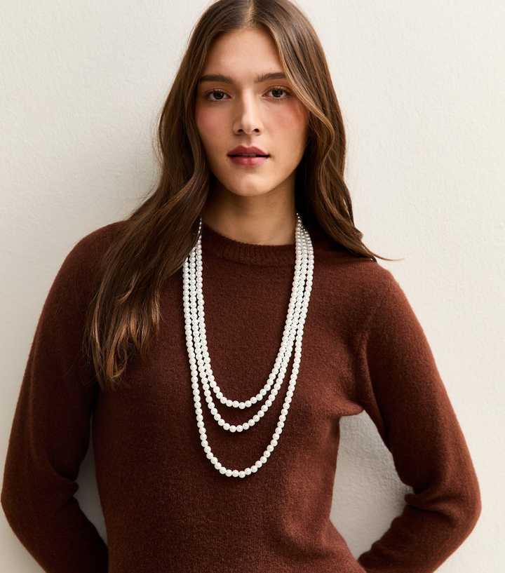 Cream 3 Strand Long Faux Pearl Necklace